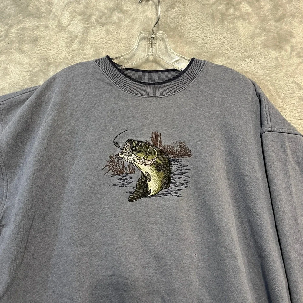 Croft & Barrow Sport Bass Fishing Sweatshirt Mens XL Blue Embroidered Gorpcore - Picture 2 of 8